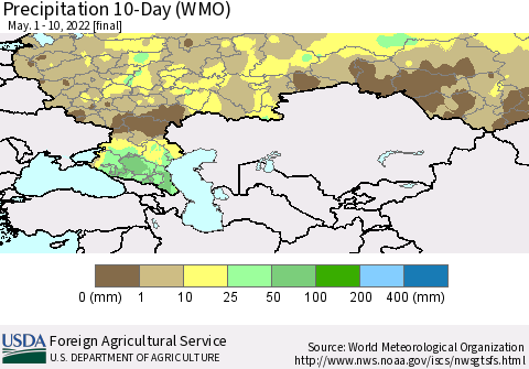 Russian Federation Precipitation 10-Day (WMO) Thematic Map For 5/1/2022 - 5/10/2022