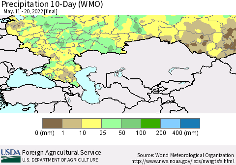 Russian Federation Precipitation 10-Day (WMO) Thematic Map For 5/11/2022 - 5/20/2022