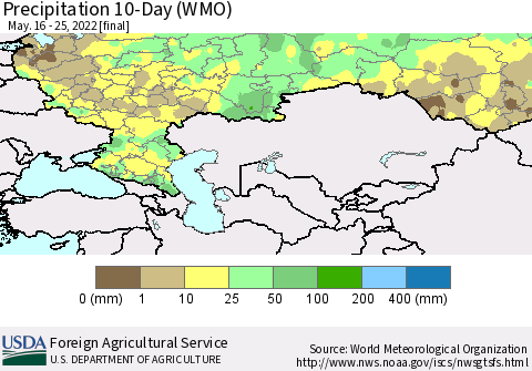 Russian Federation Precipitation 10-Day (WMO) Thematic Map For 5/16/2022 - 5/25/2022