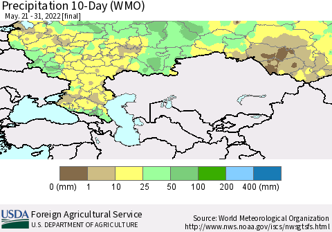Russian Federation Precipitation 10-Day (WMO) Thematic Map For 5/21/2022 - 5/31/2022