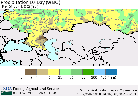 Russian Federation Precipitation 10-Day (WMO) Thematic Map For 5/26/2022 - 6/5/2022