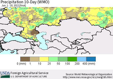 Russian Federation Precipitation 10-Day (WMO) Thematic Map For 6/1/2022 - 6/10/2022