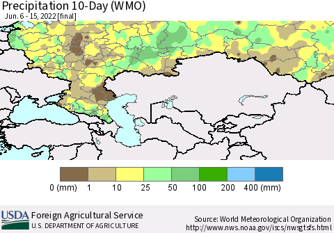 Russian Federation Precipitation 10-Day (WMO) Thematic Map For 6/6/2022 - 6/15/2022