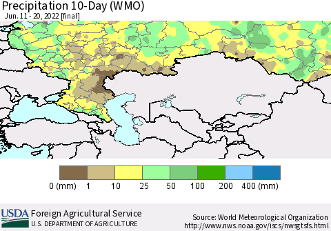 Russian Federation Precipitation 10-Day (WMO) Thematic Map For 6/11/2022 - 6/20/2022