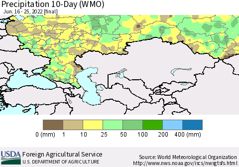 Russian Federation Precipitation 10-Day (WMO) Thematic Map For 6/16/2022 - 6/25/2022