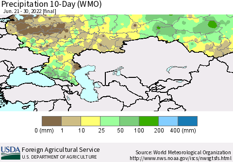 Russian Federation Precipitation 10-Day (WMO) Thematic Map For 6/21/2022 - 6/30/2022