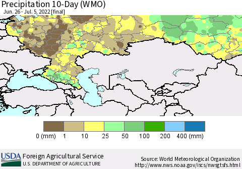 Russian Federation Precipitation 10-Day (WMO) Thematic Map For 6/26/2022 - 7/5/2022