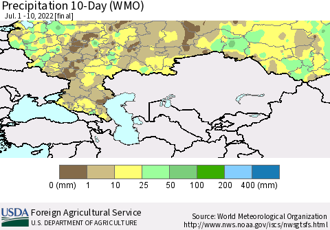 Russian Federation Precipitation 10-Day (WMO) Thematic Map For 7/1/2022 - 7/10/2022