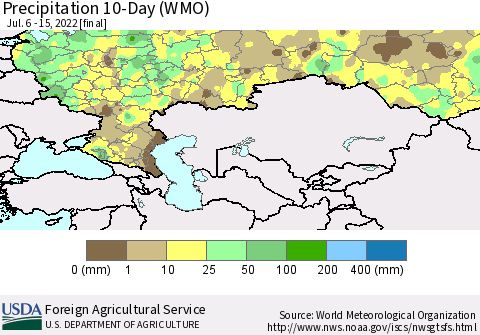 Russian Federation Precipitation 10-Day (WMO) Thematic Map For 7/6/2022 - 7/15/2022