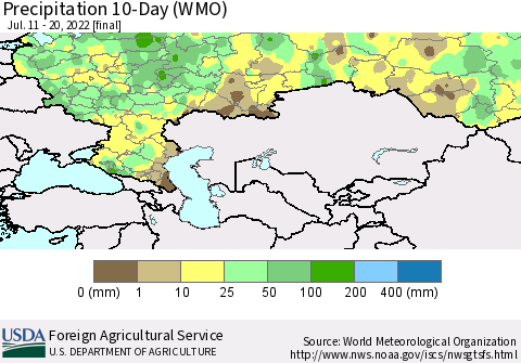Russian Federation Precipitation 10-Day (WMO) Thematic Map For 7/11/2022 - 7/20/2022