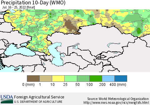 Russian Federation Precipitation 10-Day (WMO) Thematic Map For 7/16/2022 - 7/25/2022