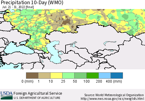 Russian Federation Precipitation 10-Day (WMO) Thematic Map For 7/21/2022 - 7/31/2022
