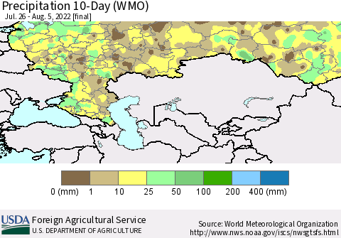 Russian Federation Precipitation 10-Day (WMO) Thematic Map For 7/26/2022 - 8/5/2022