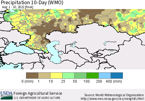Russian Federation Precipitation 10-Day (WMO) Thematic Map For 8/1/2022 - 8/10/2022