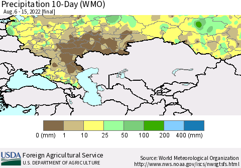 Russian Federation Precipitation 10-Day (WMO) Thematic Map For 8/6/2022 - 8/15/2022