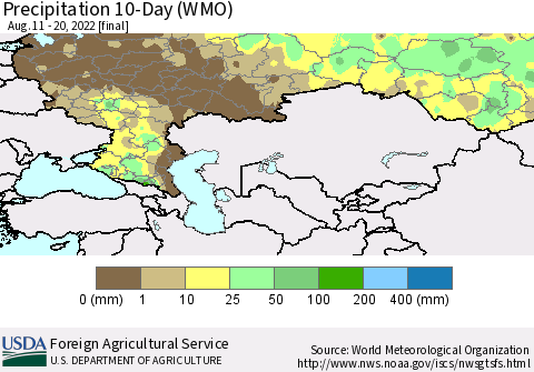 Russian Federation Precipitation 10-Day (WMO) Thematic Map For 8/11/2022 - 8/20/2022