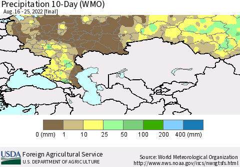 Russian Federation Precipitation 10-Day (WMO) Thematic Map For 8/16/2022 - 8/25/2022