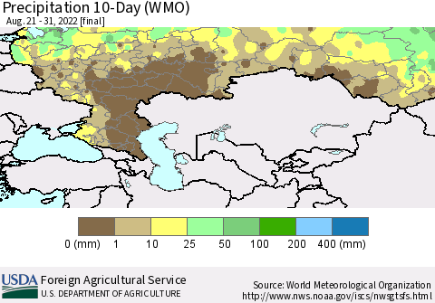 Russian Federation Precipitation 10-Day (WMO) Thematic Map For 8/21/2022 - 8/31/2022