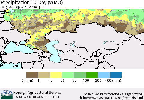 Russian Federation Precipitation 10-Day (WMO) Thematic Map For 8/26/2022 - 9/5/2022