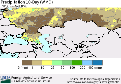 Russian Federation Precipitation 10-Day (WMO) Thematic Map For 4/1/2023 - 4/10/2023