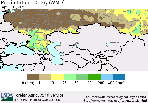 Russian Federation Precipitation 10-Day (WMO) Thematic Map For 4/6/2023 - 4/15/2023
