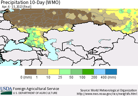 Russian Federation Precipitation 10-Day (WMO) Thematic Map For 4/6/2023 - 4/15/2023