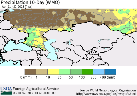 Russian Federation Precipitation 10-Day (WMO) Thematic Map For 4/11/2023 - 4/20/2023