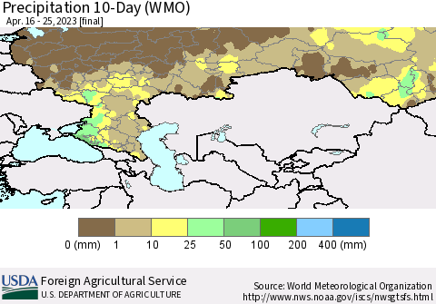 Russian Federation Precipitation 10-Day (WMO) Thematic Map For 4/16/2023 - 4/25/2023