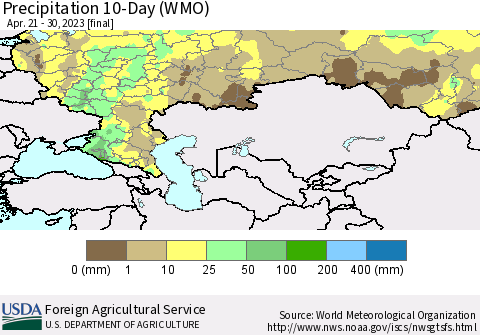 Russian Federation Precipitation 10-Day (WMO) Thematic Map For 4/21/2023 - 4/30/2023