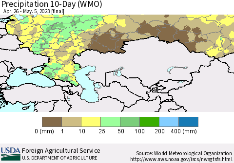 Russian Federation Precipitation 10-Day (WMO) Thematic Map For 4/26/2023 - 5/5/2023