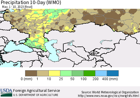Russian Federation Precipitation 10-Day (WMO) Thematic Map For 5/1/2023 - 5/10/2023