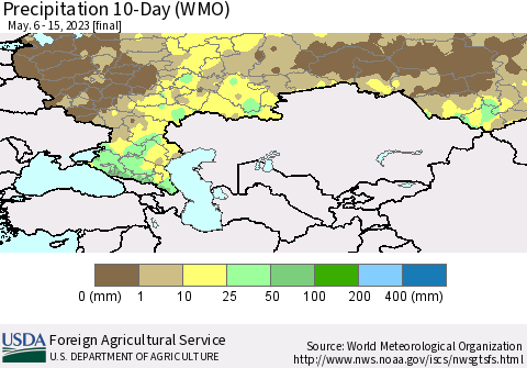 Russian Federation Precipitation 10-Day (WMO) Thematic Map For 5/6/2023 - 5/15/2023