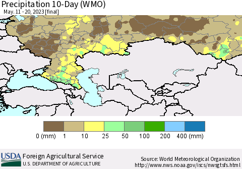 Russian Federation Precipitation 10-Day (WMO) Thematic Map For 5/11/2023 - 5/20/2023