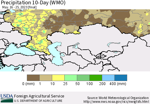 Russian Federation Precipitation 10-Day (WMO) Thematic Map For 5/16/2023 - 5/25/2023