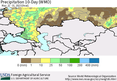 Russian Federation Precipitation 10-Day (WMO) Thematic Map For 5/21/2023 - 5/31/2023