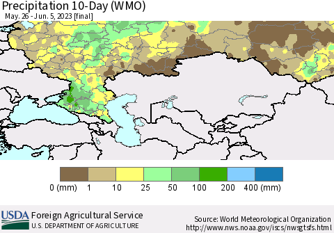 Russian Federation Precipitation 10-Day (WMO) Thematic Map For 5/26/2023 - 6/5/2023