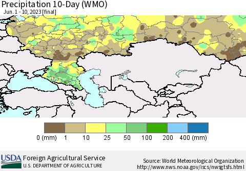 Russian Federation Precipitation 10-Day (WMO) Thematic Map For 6/1/2023 - 6/10/2023