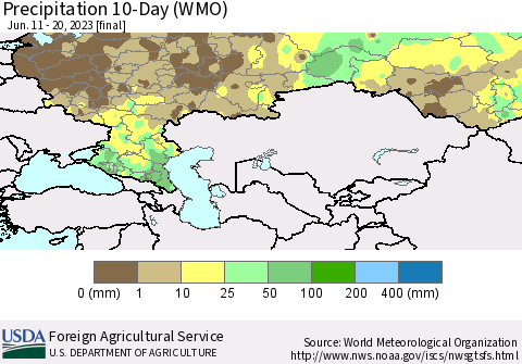 Russian Federation Precipitation 10-Day (WMO) Thematic Map For 6/11/2023 - 6/20/2023