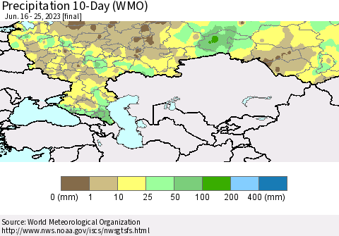 Russian Federation Precipitation 10-Day (WMO) Thematic Map For 6/16/2023 - 6/25/2023