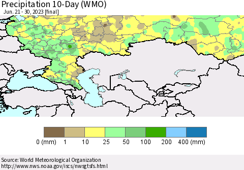 Russian Federation Precipitation 10-Day (WMO) Thematic Map For 6/21/2023 - 6/30/2023