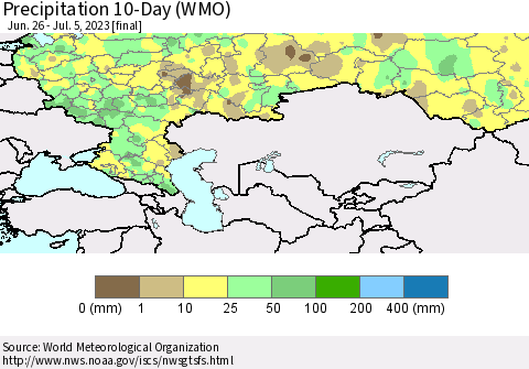 Russian Federation Precipitation 10-Day (WMO) Thematic Map For 6/26/2023 - 7/5/2023