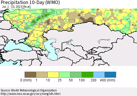 Russian Federation Precipitation 10-Day (WMO) Thematic Map For 7/1/2023 - 7/10/2023
