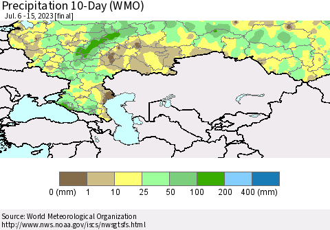 Russian Federation Precipitation 10-Day (WMO) Thematic Map For 7/6/2023 - 7/15/2023