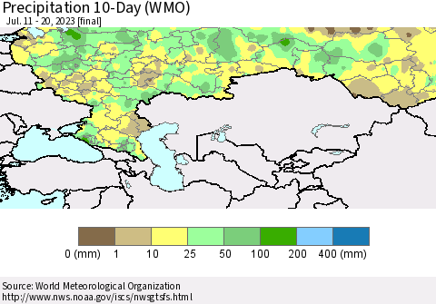 Russian Federation Precipitation 10-Day (WMO) Thematic Map For 7/11/2023 - 7/20/2023
