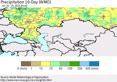 Russian Federation Precipitation 10-Day (WMO) Thematic Map For 7/16/2023 - 7/25/2023