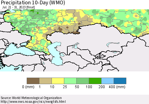 Russian Federation Precipitation 10-Day (WMO) Thematic Map For 7/21/2023 - 7/31/2023