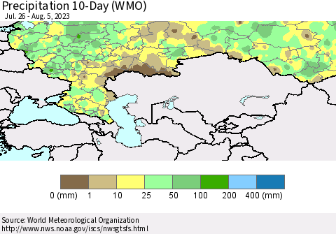 Russian Federation Precipitation 10-Day (WMO) Thematic Map For 7/26/2023 - 8/5/2023