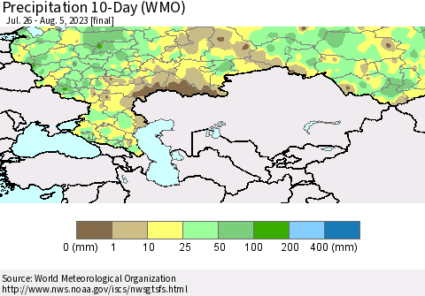 Russian Federation Precipitation 10-Day (WMO) Thematic Map For 7/26/2023 - 8/5/2023