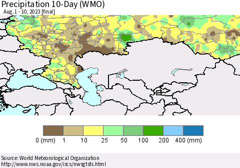Russian Federation Precipitation 10-Day (WMO) Thematic Map For 8/1/2023 - 8/10/2023