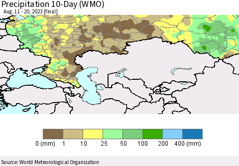 Russian Federation Precipitation 10-Day (WMO) Thematic Map For 8/11/2023 - 8/20/2023